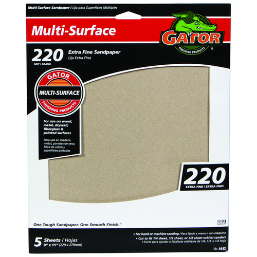 GATOR 4443 Sanding Sheet, 11 in L, 9 in W, 220 Grit, Extra Fine, Aluminum Oxide Abrasive - pack of 5