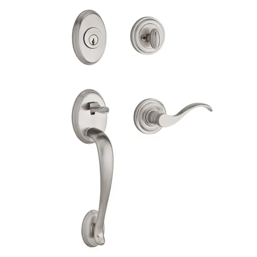 Single Cylinder Columbus Handleset Left Hand Curve Lever and Traditional Round Rose with 6AL Latch and Dual Strike Satin Nickel Finish