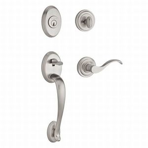 Single Cylinder Columbus Handleset Right Hand Curve Lever and Traditional Round Rose with 6AL Latch, Dual Strike, and SmartKey Satin Nickel Finish