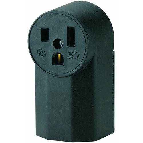 Power Receptacle, 2 -Pole, 250 V, 50 A, NEMA: NEMA 6-50R, Black