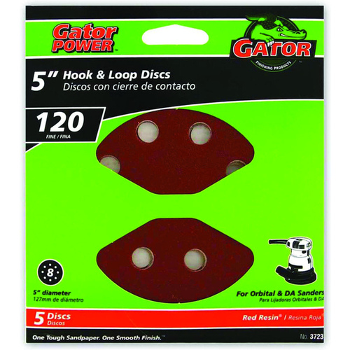 Sanding Disc, 5 in Dia, 120 Grit, Fine, Aluminum Oxide Abrasive, Vented Red - pack of 5