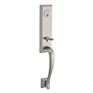 Single Cylinder Del Mar Handleset Left Hand Curve Lever and Traditional Round Rose with 6AL Latch, Dual Strike, and SmartKey Satin Nickel Finish