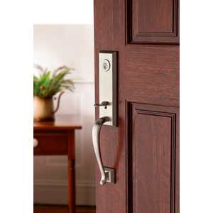 Single Cylinder Del Mar Handleset Left Hand Curve Lever and Traditional Square Rose with 6AL Latch and Dual Strike Satin Nickel Finish