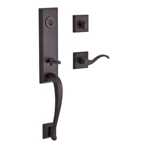 Single Cylinder Del Mar Handleset Left Hand Curve Lever and Traditional Square Rose with 6AL Latch and Dual Strike Venetian Bronze Finish