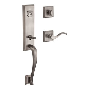 Single Cylinder Del Mar Handleset Left Hand Curve Lever and Traditional Square Rose with 6AL Latch and Dual Strike Matte Antique Nickel Finish