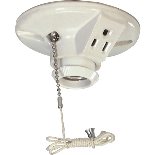 Ceiling Lamp Holder Porcelain with Pull Chain & Outlet White