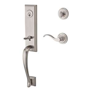 Single Cylinder Del Mar Handleset Right Hand Curve Lever and Traditional Round Rose with 6AL Latch and Dual Strike Satin Nickel Finish