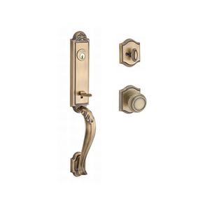 Single Cylinder Elizabeth Handleset Traditional Knob and Traditional Arch Rose with 6AL Latch and Dual Strike Matte Brass and Black Finish