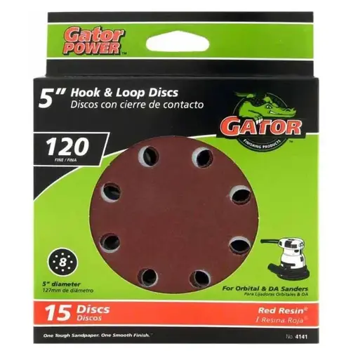 Sanding Disc, 5 in Dia, 120 Grit, Fine, Aluminum Oxide Abrasive, Vented - pack of 15