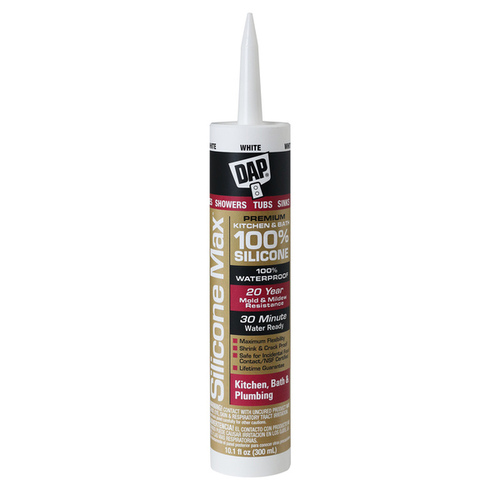 DAP 7079808667 SILICONE MAX 08667 Kitchen and Bath Sealant, Gloss White, 24 hr Curing, -35 to 140 deg F, 10.1 fl-oz Cartridge/Tube