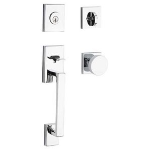 Single Cylinder La Jolla Handleset Contemporary Knob Contemporary Square Rose with 6AL Latch and Dual Strike Bright Chrome Finish