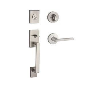 Single Cylinder La Jolla Handleset Square Lever Contemporary Round Rose with 6AL Latch and Dual Strike Satin Nickel Finish