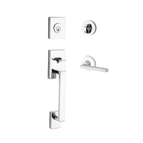 Single Cylinder La Jolla Handleset Square Lever Contemporary Round Rose with 6AL Latch and Dual Strike Bright Chrome Finish