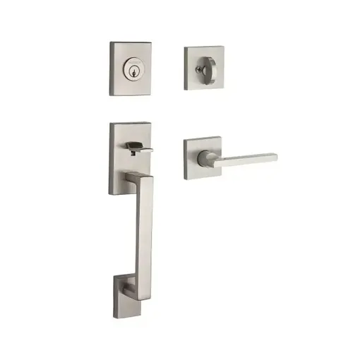Single Cylinder La Jolla Handleset Square Lever Contemporary Square Rose with 6AL Latch and Dual Strike Satin Nickel Finish