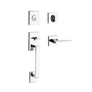 Single Cylinder La Jolla Handleset Square Lever Contemporary Square Rose with 6AL Latch and Dual Strike Bright Chrome Finish