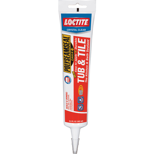 Loctite 2138419 2-In-1 Tub and Tile Adhesive Caulk, Clear, 1 to 14 days Curing, 20 to 170 deg F, 5.5 oz Squeeze Tube