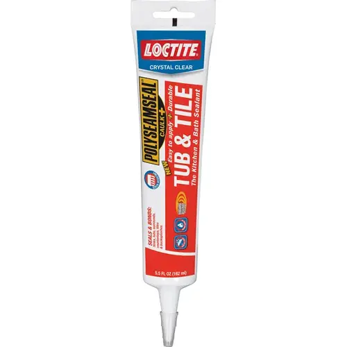 2-In-1 Tub and Tile Adhesive Caulk, Clear, 1 to 14 days Curing, 20 to 170 deg F, 5.5 oz Squeeze Tube