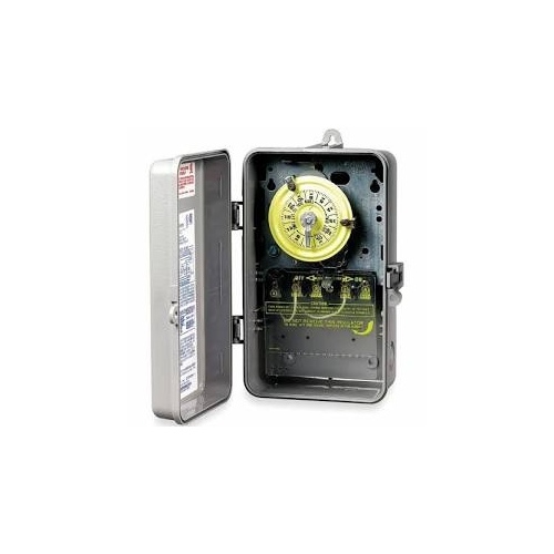 T100 Series 208-Volt to 277-Volt 24-Hour Indoor/Outdoor Mechanical Timer Switch DPST, Gray/Metal Yellow, Gray