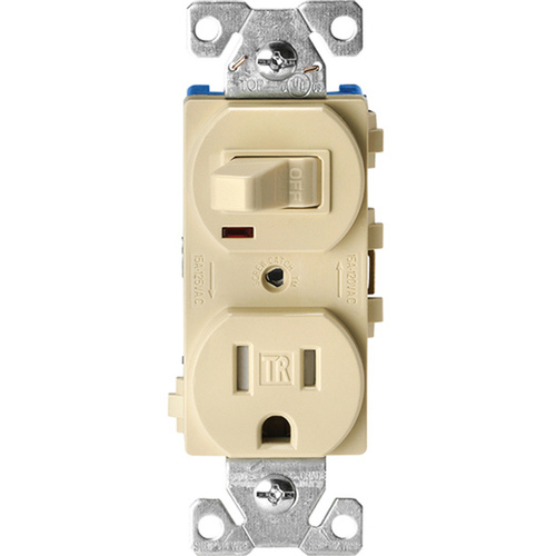 Combination Switch, 1 -Pole, 15 A, 120/125 V, NEMA: NEMA 5-15R, Ivory