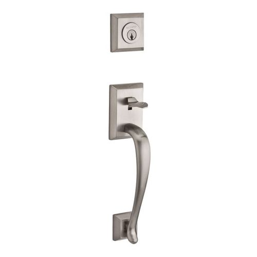 Single Cylinder Napa Handleset Right Hand Curve Lever and Traditional Square Rose with 6AL Latch, Dual Strike, and SmartKey Satin Nickel Finish