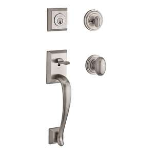 Single Cylinder Napa Handleset Ellipse Knob and Traditional Round Rose with 6AL Latch and Dual Strike Satin Nickel Finish