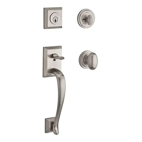 Single Cylinder Napa Handleset Ellipse Knob and Traditional Round Rose with 6AL Latch and Dual Strike Satin Nickel Finish