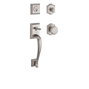 Single Cylinder Napa Handleset Round Knob and Traditional Arch Rose with 6AL Latch and Dual Strike Satin Nickel Finish