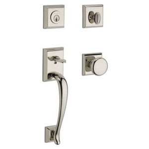 Single Cylinder Napa Handleset Round Knob and Traditional Square Rose with 6AL Latch and Dual Strike Bright Nickel Finish