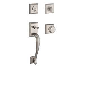 Single Cylinder Napa Handleset Traditional Knob and Traditional Square Rose with 6AL Latch and Dual Strike Satin Nickel Finish