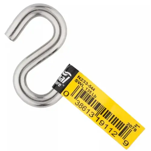 S-Hook, 135 lb Working Load, 0.26 in Dia Wire, Stainless Steel, Stainless Steel - pack of 20