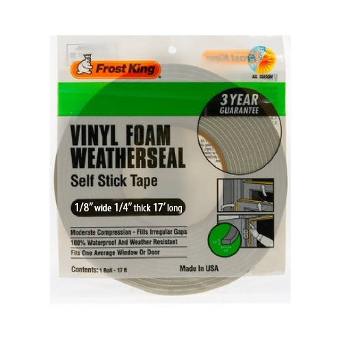 Frost King V442H Foam Weatherseal Tape, 1/4 in W, 17 ft L, 1/8 in Thick, Vinyl, Gray