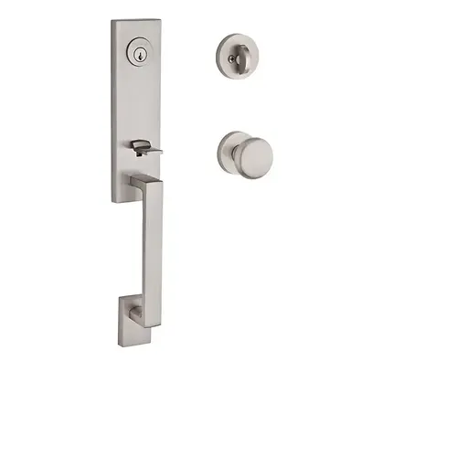 Single Cylinder Seattle Handleset Round Knob and Contemporary Round Rose with 6AL Latch and Dual Strike Satin Nickel Finish