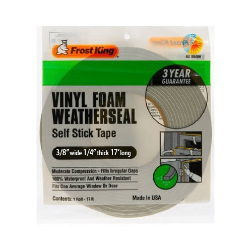 Foam Tape, 3/8 in W, 17 ft L, 1/4 in Thick, Vinyl, Gray