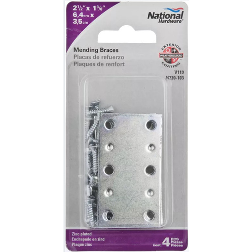 Mending Brace, 2-1/2 in L, 1-3/8 in W, 0.07 in Gauge, Steel, Zinc, Screw Mounting - pack of 4