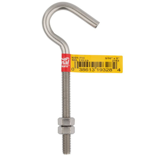 Hook Bolt Zinc-Plated Silver Steel 5" L Zinc-Plated