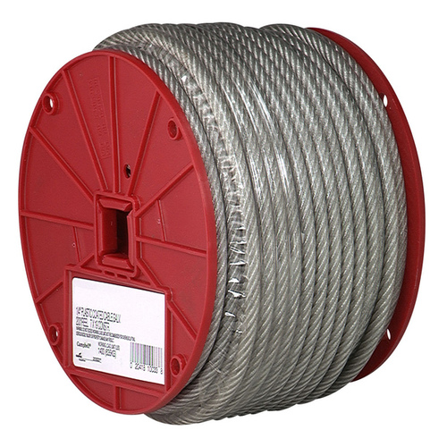 Aircraft Cable, 1/8 in Dia, 250 ft L, 340 lb Working Load, Steel Clear Vinyl