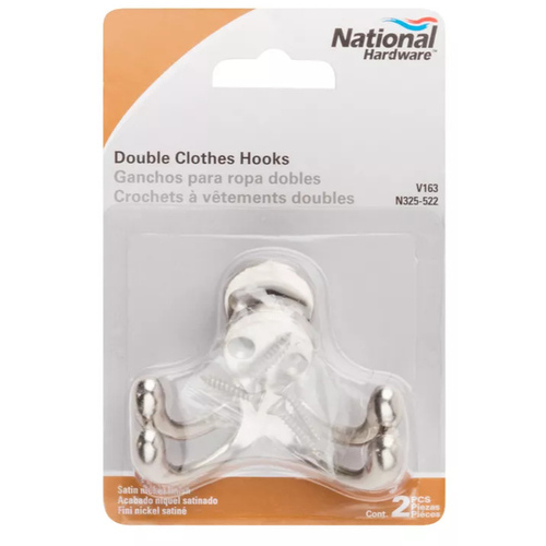 National Hardware N325522-XCP5 V163 Double Clothes Hook Satin Nickel Finish - pack of 5