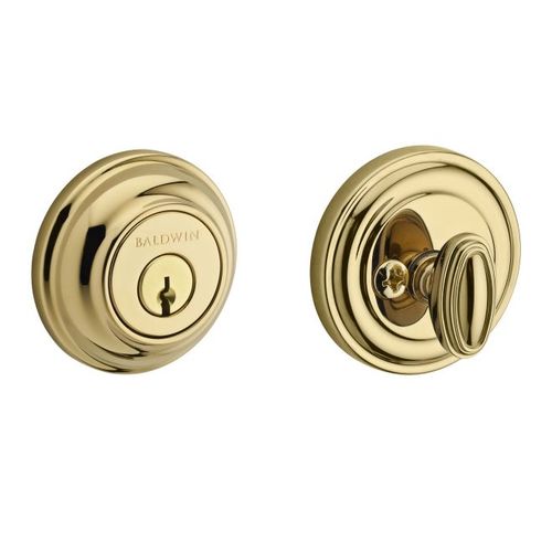 Baldwin Reserve SCTRD003S Single Cylinder Traditional Round Deadbolt with 6AL Latch, Dual Strike, and SmartKey Lifetime Brass Finish