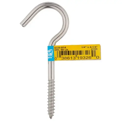 2153BC Series Screw Hook, 1/4 in Opening, 4-1/4 in L, Stainless Steel, Zinc