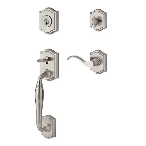 Single Cylinder Westcliff Handleset Right Hand Curve Lever and Traditional Arch Rose with 6AL Latch and Dual Strike Satin Nickel Finish