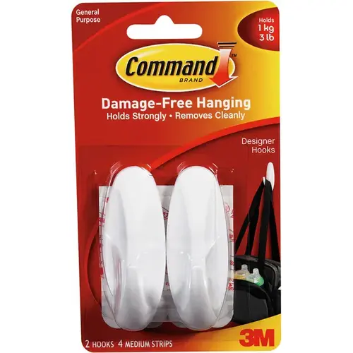 Designer Hook, 5/8 in Opening, 3 lb, 2-Hook, Plastic, White Pair