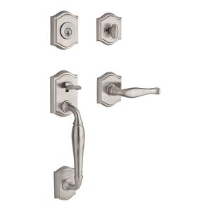 Single Cylinder Westcliff Handleset Left Hand Decorative Lever and Traditional Arch Rose with 6AL Latch and Dual Strike Satin Nickel Finish