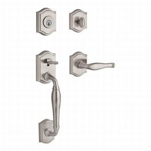 Single Cylinder Westcliff Handleset Left Hand Decorative Lever and Traditional Arch Rose with 6AL Latch, Dual Strike, and SmartKey Satin Nickel Finish