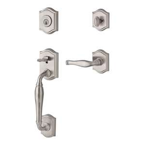 Single Cylinder Westcliff Handleset Right Hand Decorative Lever and Traditional Arch Rose with 6AL Latch and Dual Strike Satin Nickel Finish