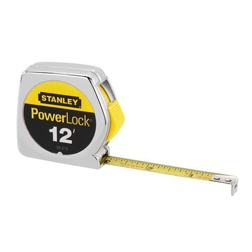 Measuring Tape, 12 ft L Blade, 1/2 in W Blade, Steel Blade, Metal Case, Chrome Case