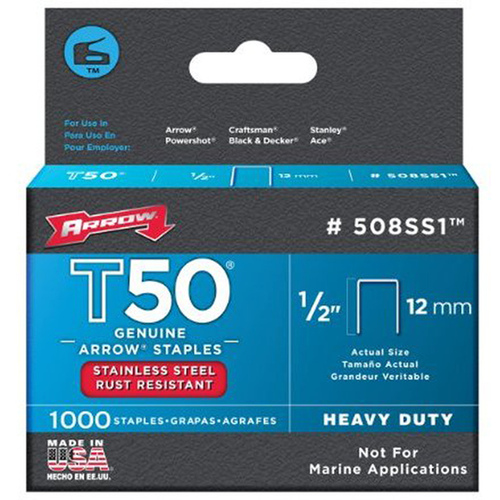 ARROW FASTENER 508SS1 Staples - Heavy Duty (T50) Stainless Steel 1/2" Gray