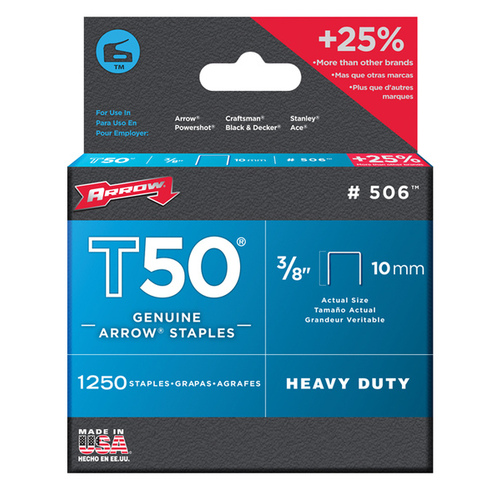 T50 Series Flat Crown Staple, 3/8 in W Crown, 3/8 in L Leg Gray - pack of 1250