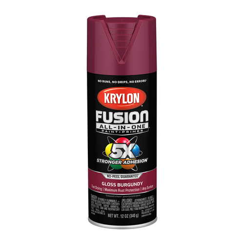 Fusion Primer and Spray Paint, Gloss, Burgundy, 12 oz, Aerosol Can - pack of 6