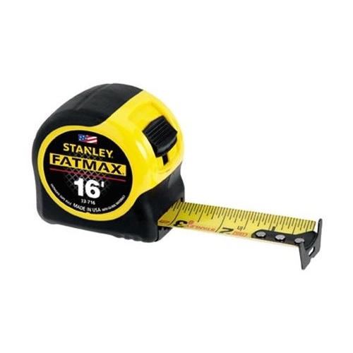 Measuring Tape, 16 ft L Blade, 1-1/4 in W Blade, Steel Blade, ABS Case, Black/Yellow Case