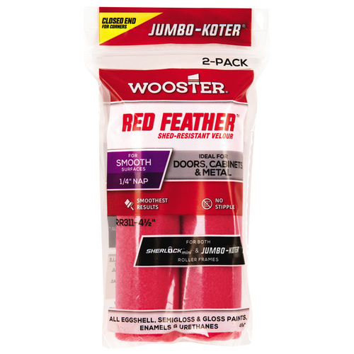 Wooster RR311-4 1/2 Paint Roller Cover, 1/4 in Thick Nap, 4-1/2 in L, Velour Cover, Red Pair